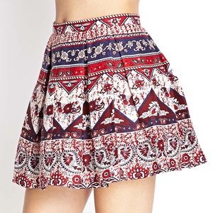 Folk Print Linen Flare Skirt (red/blue/white)